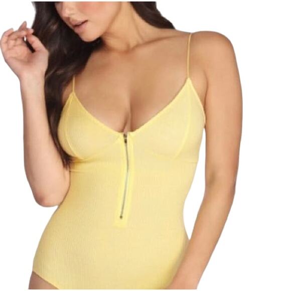 Windsor M Butter Yellow Ribbed Zip Front Thin Strap Vneck Camisole Bodysuit - Picture 1 of 6